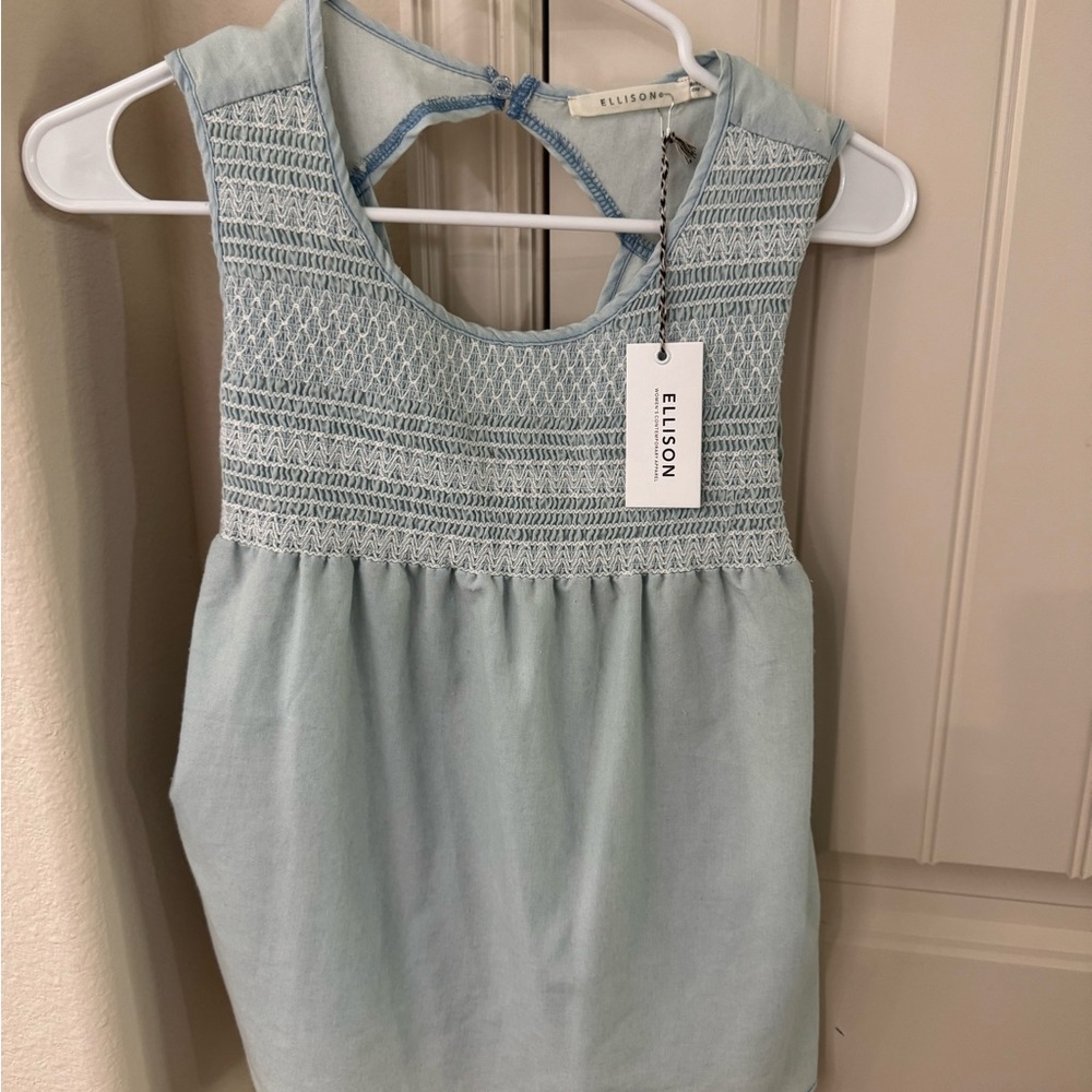 Ellison Pale Blue Smocked Sleeveless Tank